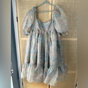 Selkie Pastel Blue & Lavender Puff-Sleeve Midi Dress